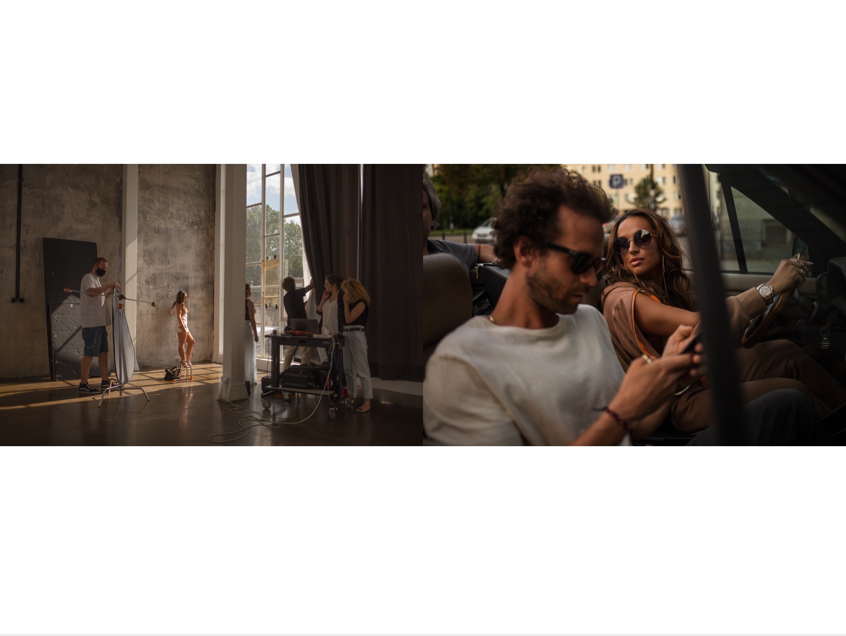 Dwie sceny na jednym zdjęciu: po lewej studio z modelką pozującą na krześle, oświetlaczem i ekipą, po prawej para w kabriolecie, kobieta za kierownicą w okularach przeciwsłonecznych, mężczyzna obok...