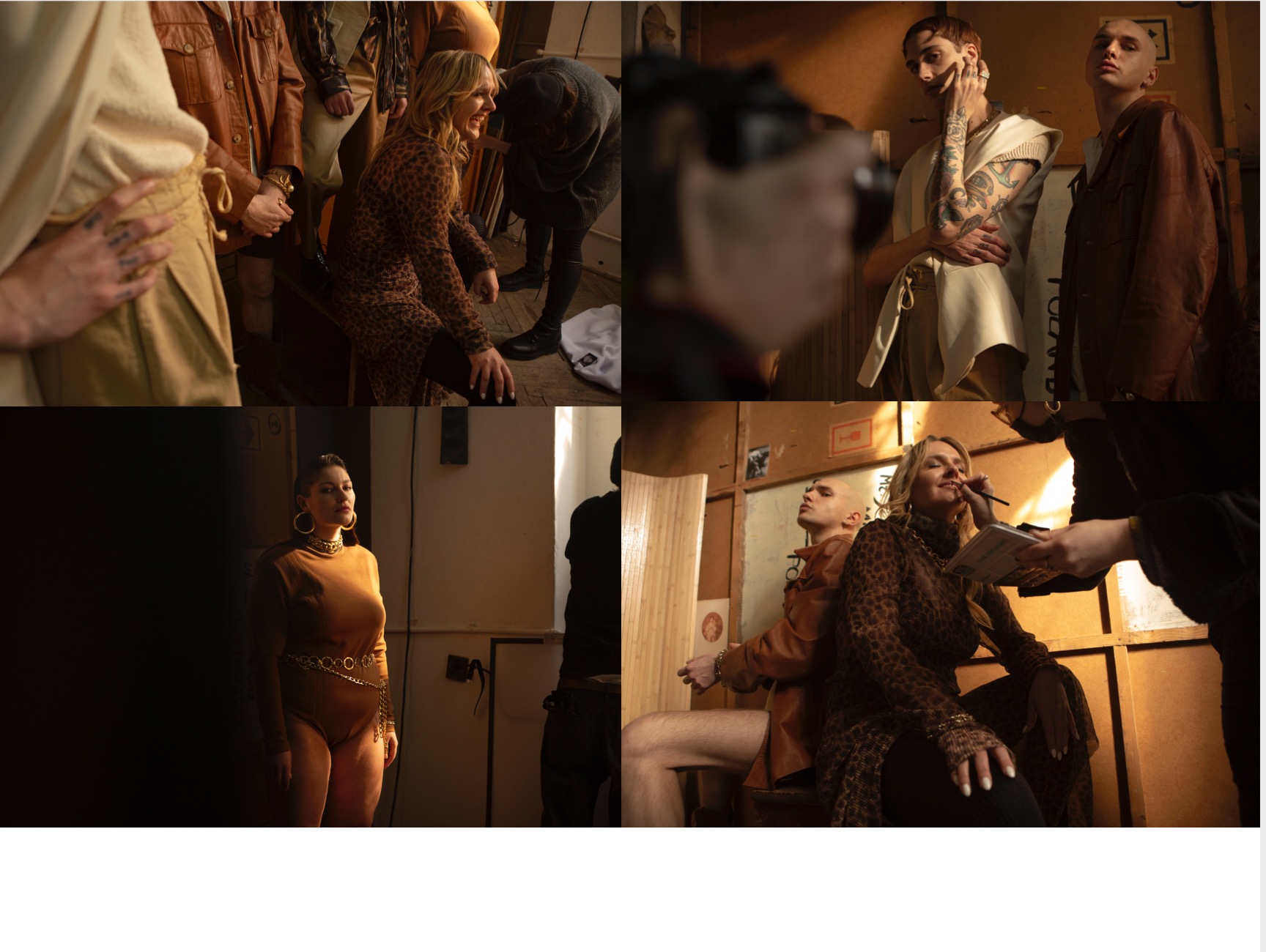 Kulisy sesji zdjęciowej: modelki i modele w różnych stylizacjach, makijażystka aplikująca szminkę, surowe wnętrze studia z kartonami i lampami.