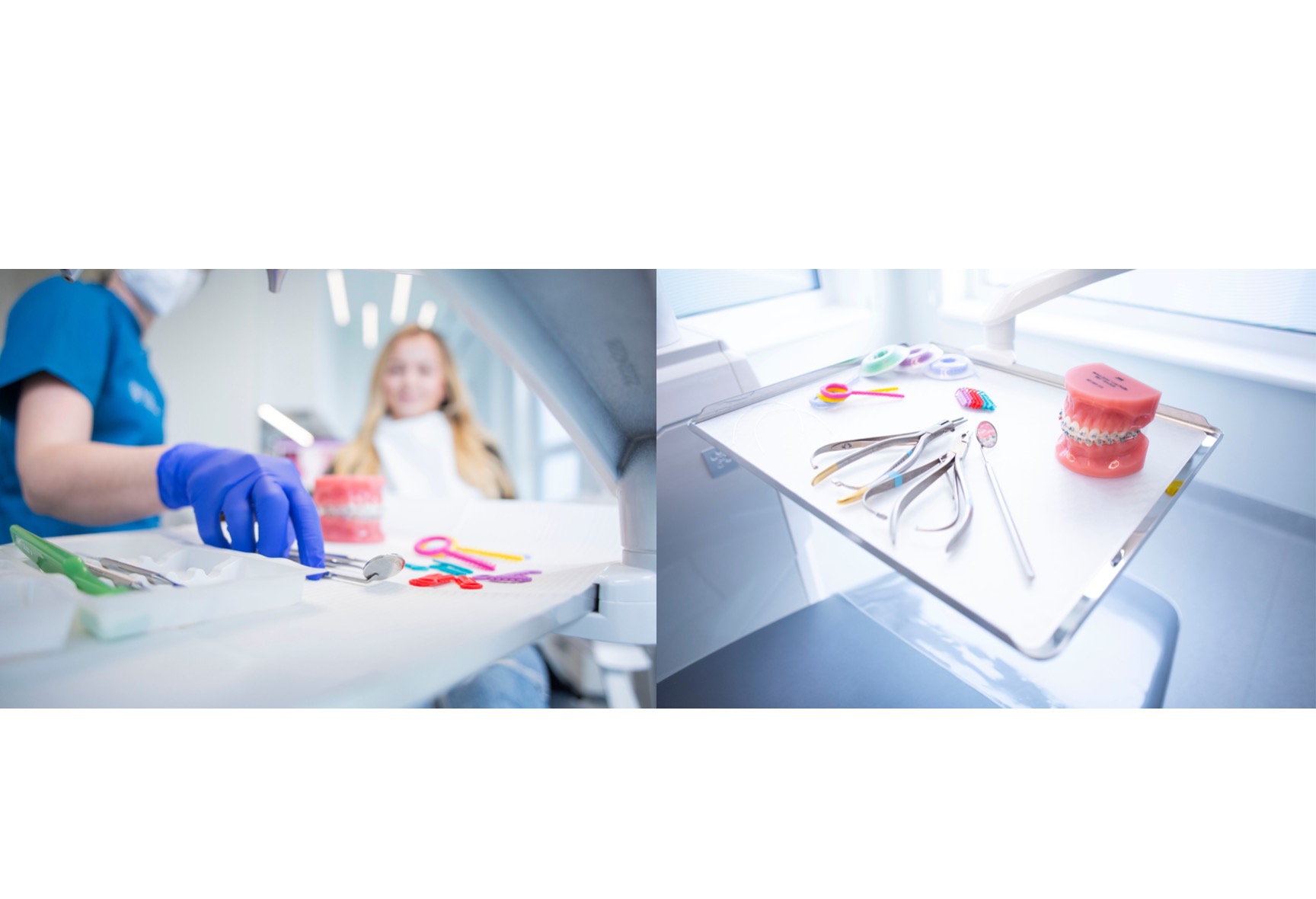 Gabinet stomatologiczny: dentysta w niebieskim uniformie i rękawiczkach, pacjent w tle, model szczęki z aparatem ortodontycznym, narzędzia stomatologiczne na tacy i stole.