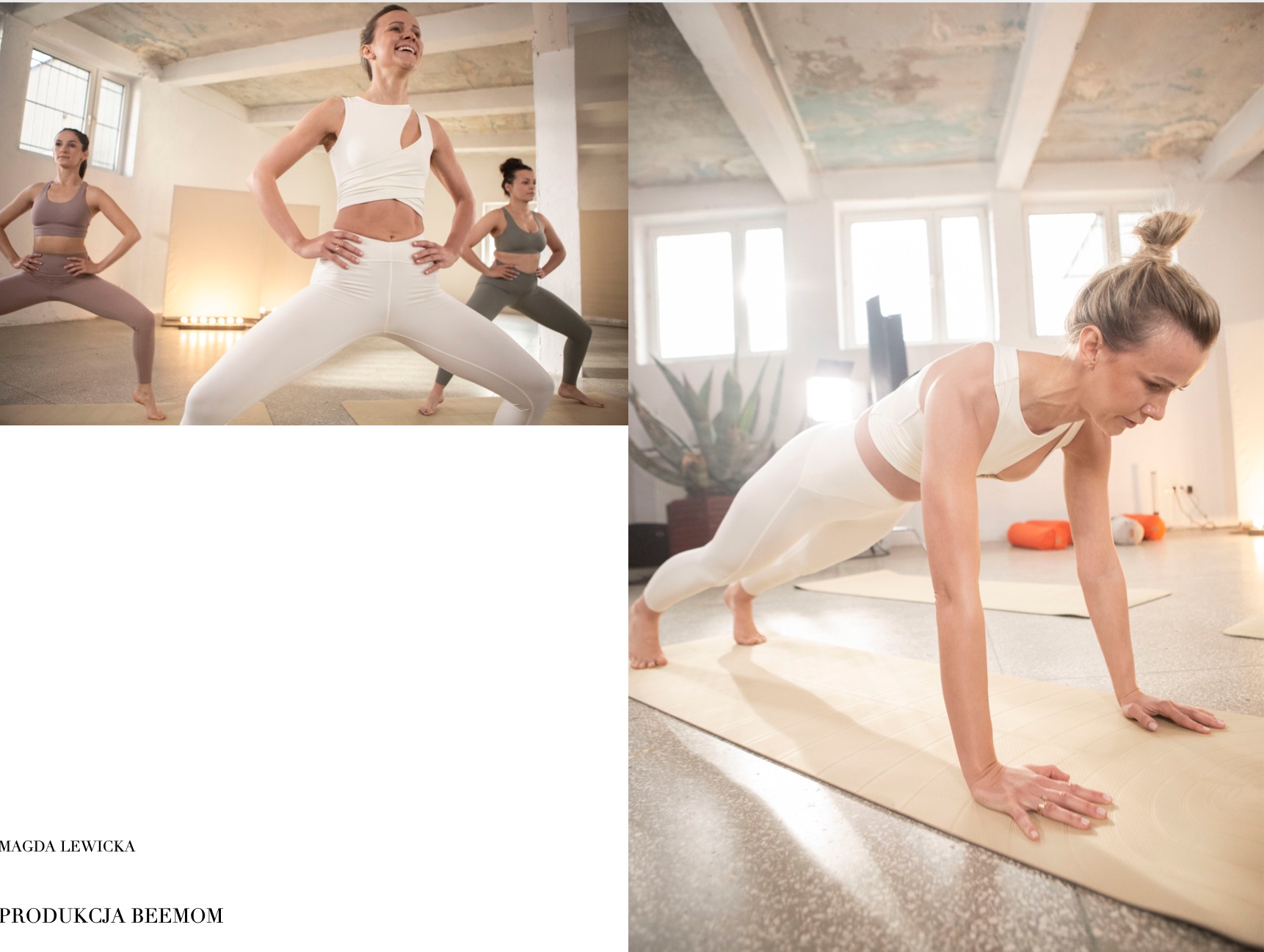 Kobiety w sportowych strojach ćwiczą w jasnym wnętrzu studia jogi, wykonując różne pozycje na matach.