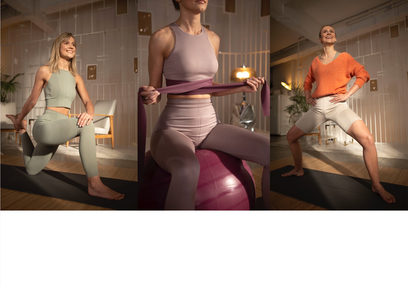Kolaż trzech ujęć kobiety ćwiczącej w sportowym stroju: rozciąganie nogi w wykroku, siedzenie na piłce z taśmą oporową, przysiad szeroki z rękami na biodrach.