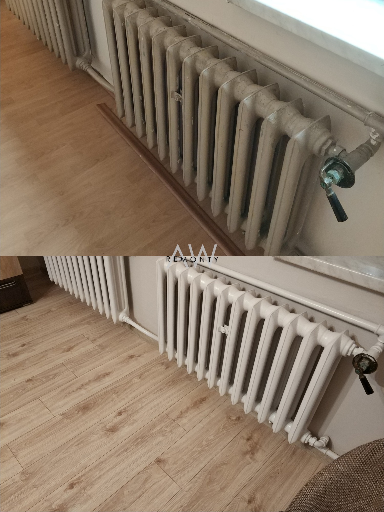 Porównanie stanu grzejnika przed i po odnowieniu. Górna część zdjęcia pokazuje stary, zakurzony grzejnik, a dolna część odnowiony, pomalowany na biało grzejnik na tle paneli podłogowych.