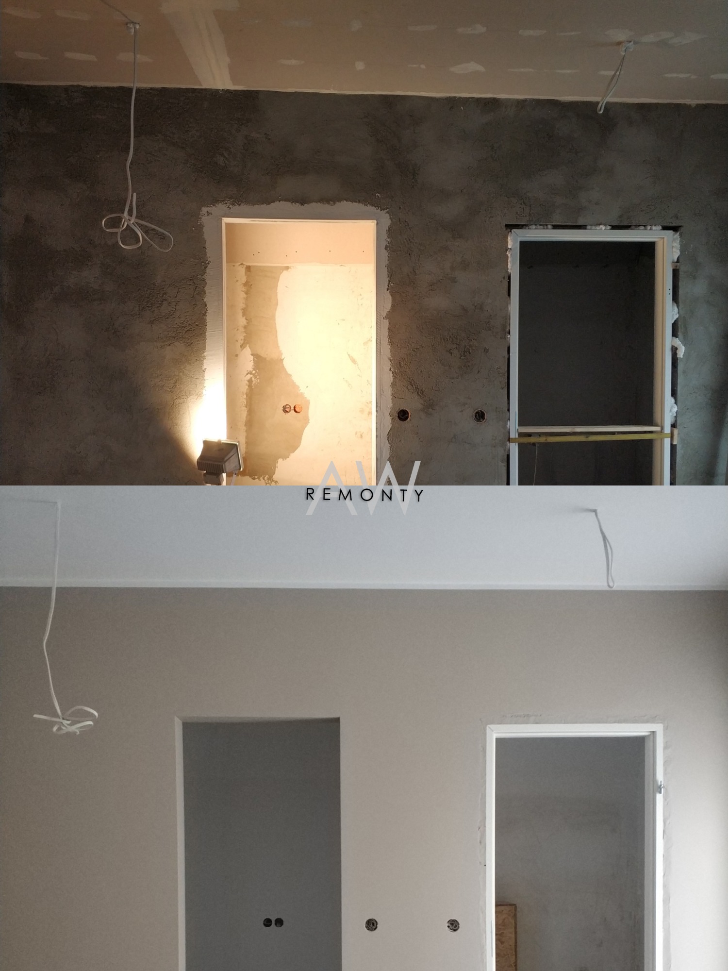 Dwupoziomowe wnętrze w trakcie prac wykończeniowych: górna część ze ścianami w surowym tynku i otworami drzwiowymi w trakcie przygotowania, dolna część z pomalowanymi ścianami i przygotowanymi...