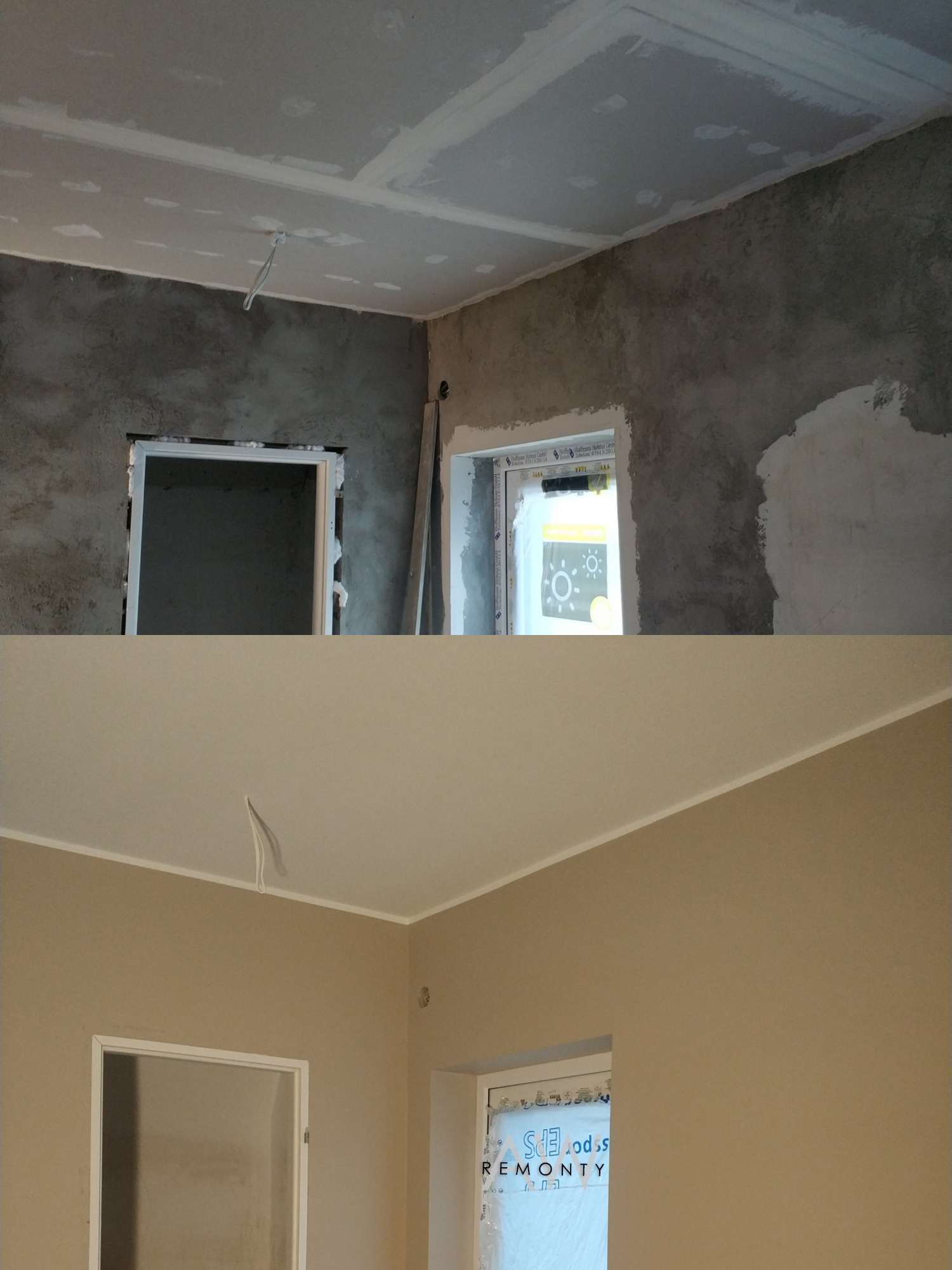 Porównanie stanu pokoju przed i po malowaniu ścian na beżowo, widoczne wykończone okna i listwy sufitowe.