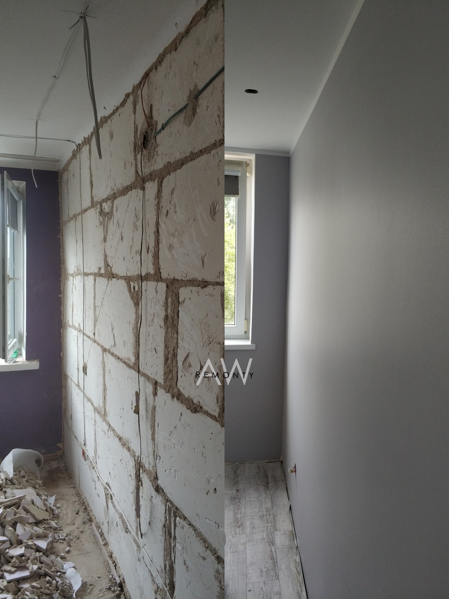 Pokój w Wleniu w trakcie metamorfozy: surowa ściana z bloków przed i gładko pomalowana ściana po remoncie, widoczne okno i fragment podłogi.