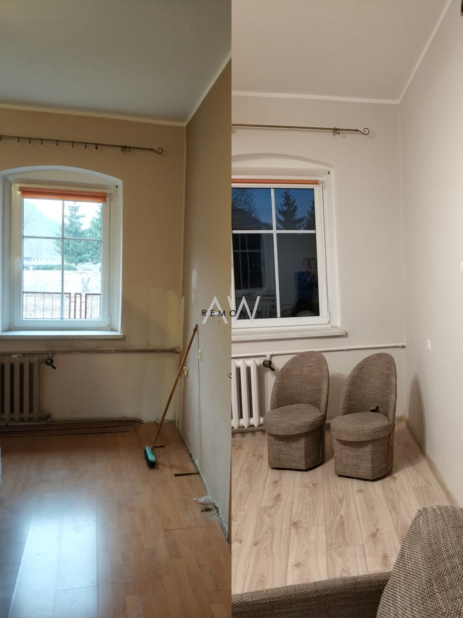 Porównanie pokoju przed i po odświeżeniu: ściany po lewej częściowo przygotowane do malowania, po prawej pomalowane na jasny odcień szarości, widoczne dwa krzesła i fragment sofy.