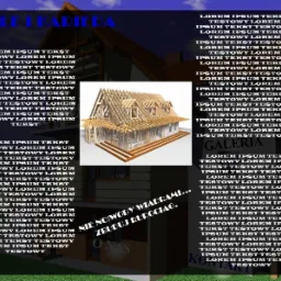 Wizualizacja 3D szkieletu domu w trakcie budowy, umieszczona na stronie internetowej firmy budowlanej, otoczona blokami tekstu 'Lorem Ipsum' i elementami menu nawigacyjnego.