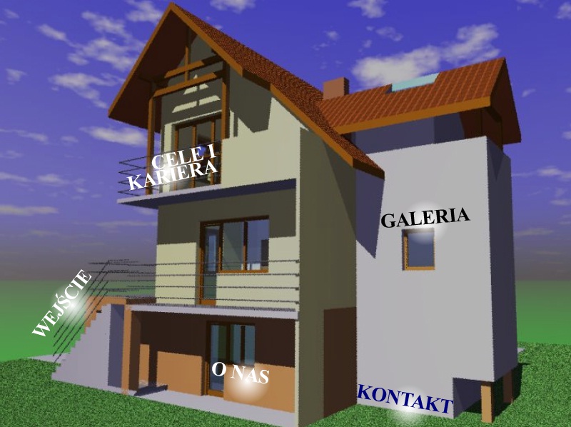 Wizualizacja 3D budynku firmy budowlanej z napisanymi nazwami zakładek strony internetowej: Wejście, O nas, Cele i Kariera, Galeria, Kontakt.