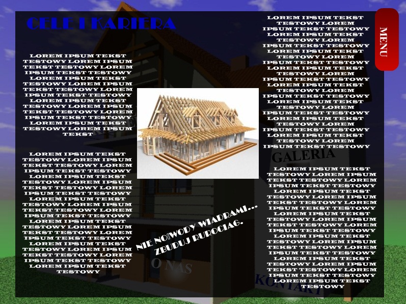 Wizualizacja 3D szkieletu domu w trakcie budowy, umieszczona na stronie internetowej firmy budowlanej, otoczona blokami tekstu 'Lorem Ipsum' i elementami menu nawigacyjnego.