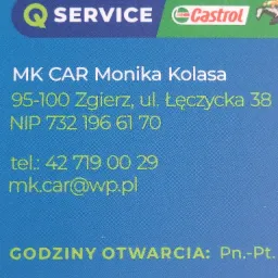 Wizytówka firmy MK CAR Monika Kolasa z adresem w Zgierzu, numerem NIP, telefonem i adresem email, logo Q Service i Castrol, godziny otwarcia od poniedziałku do piątku.
