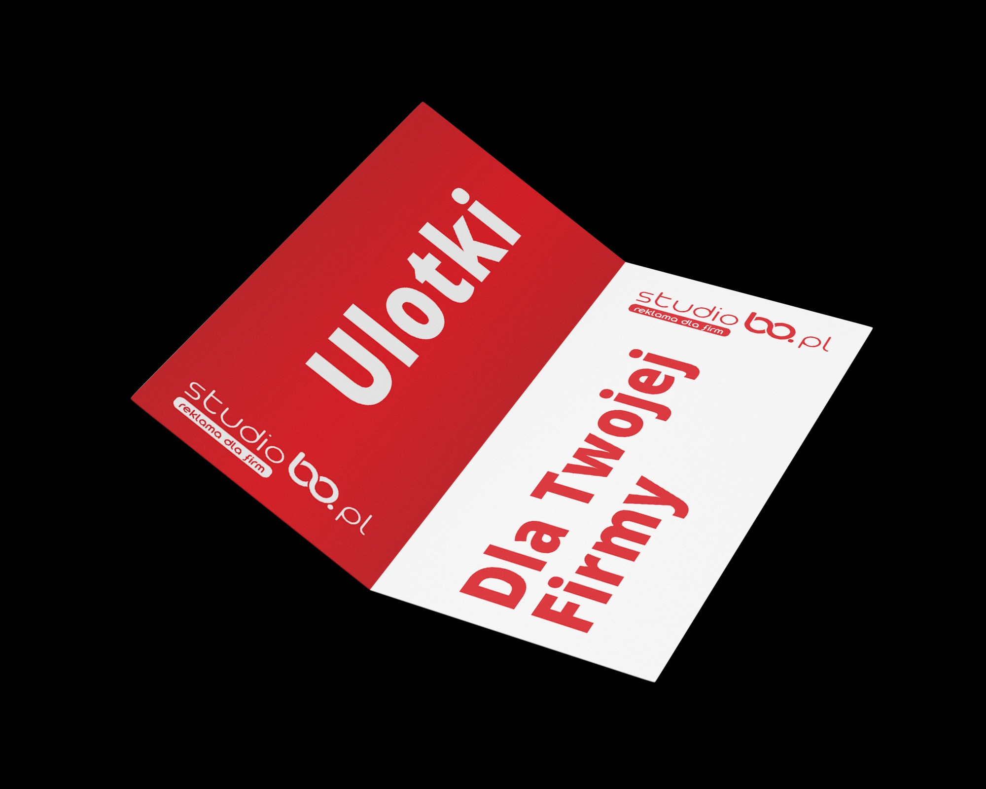 Rozłożona ulotka reklamowa z logo 'studio bo.pl' i hasłem 'Dla Twojej Firmy' na czerwono-białym tle.