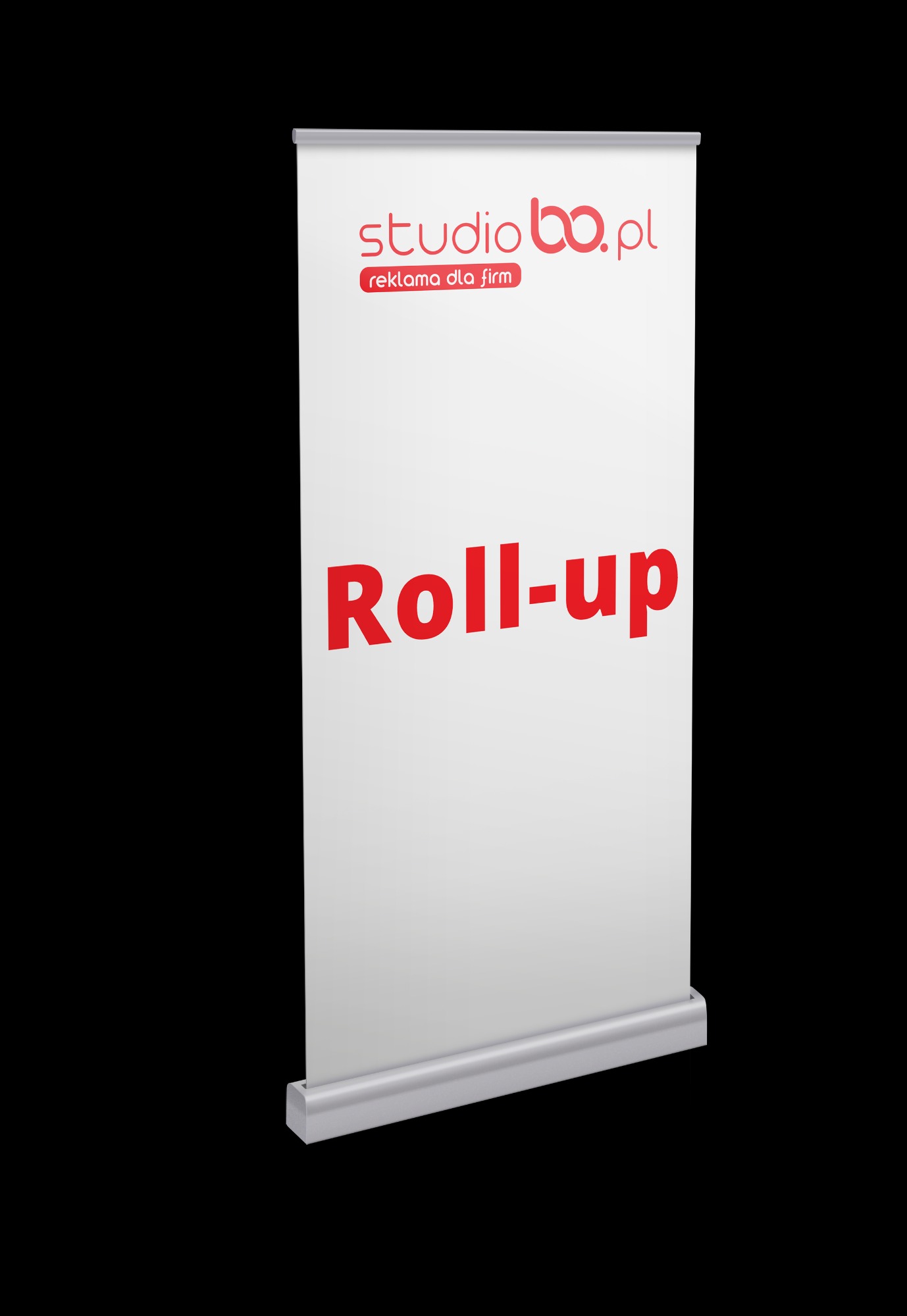 Roll-up reklamowy z logo studiobo.pl i hasłem 'reklama dla firm' w kolorze czerwonym na białym tle, widoczny mechanizm zwijania.