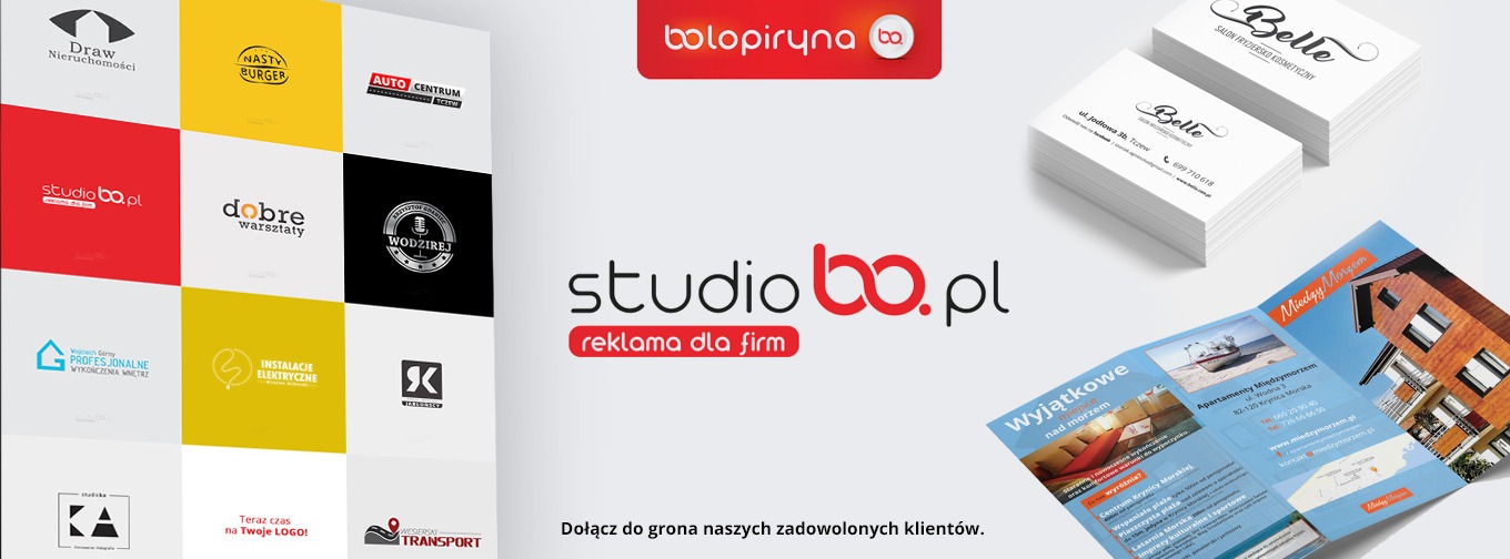 Zestaw materiałów reklamowych: wizytówki z eleganckim fontem, trójdzielna ulotka z motywem nadmorskim i logo firmy, a w tle kolaż logotypów różnych firm.