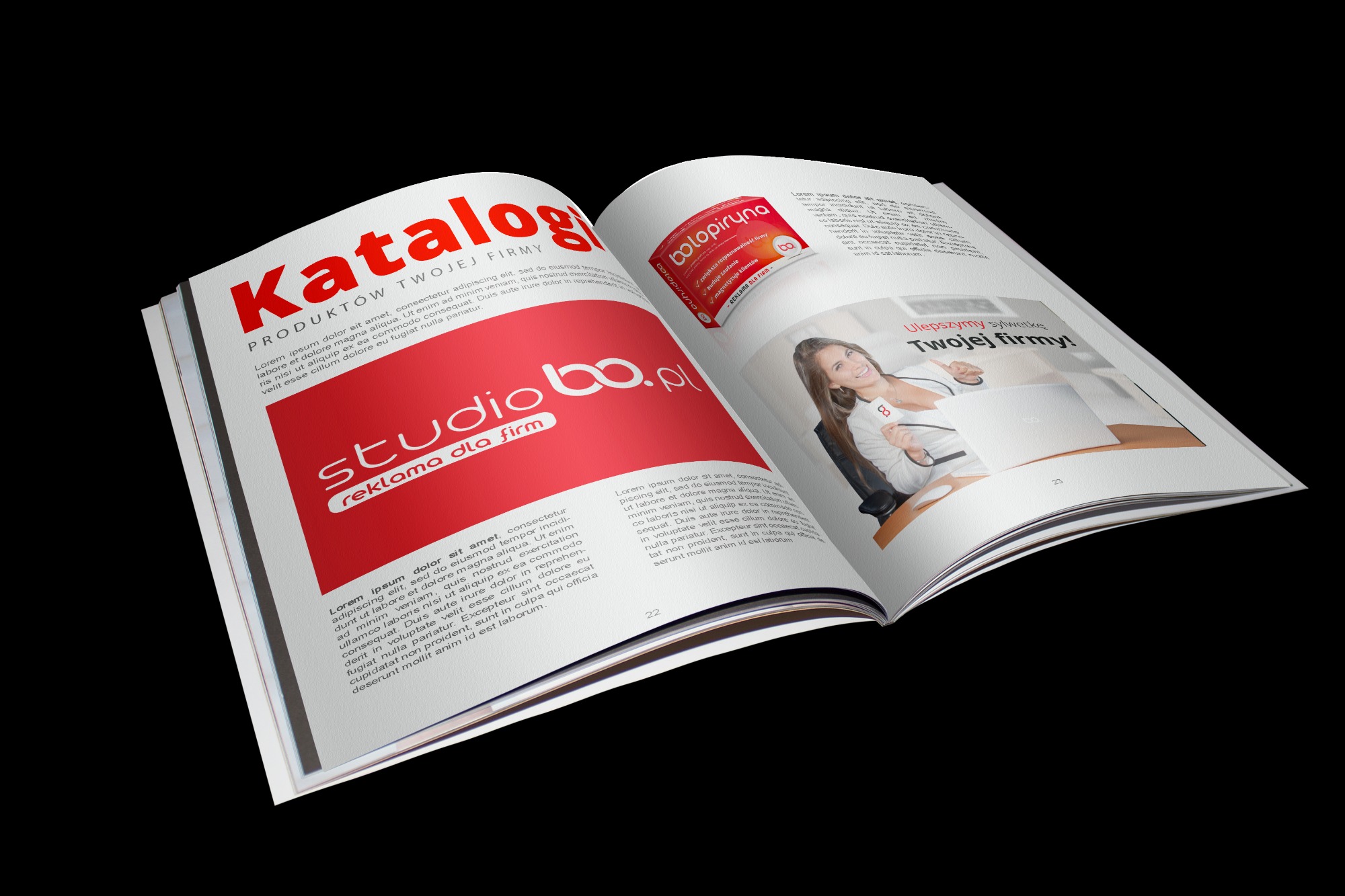 Rozkładówka magazynu reklamowego z hasłem 'Katalog produktów Twojej Firmy', prezentująca przykładowe reklamy i logo 'studiobo.pl', z kobietą wskazującą na laptopa w sekcji 'Ulepszymy sylwetkę...