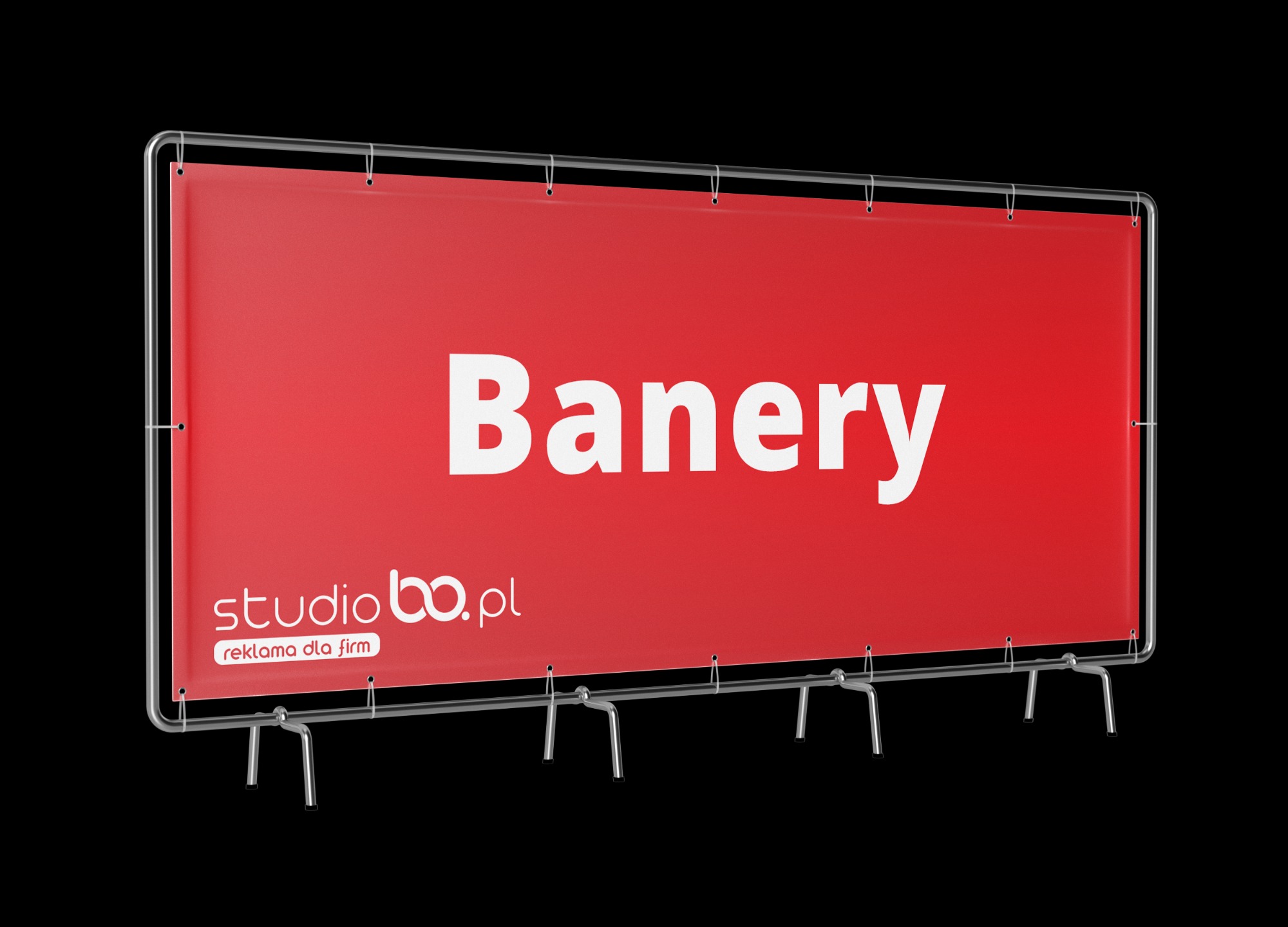 Czerwony baner reklamowy na metalowym stelażu z napisem 'Banery' i logo 'studiobo.pl', reklama dla firm, na czarnym tle.