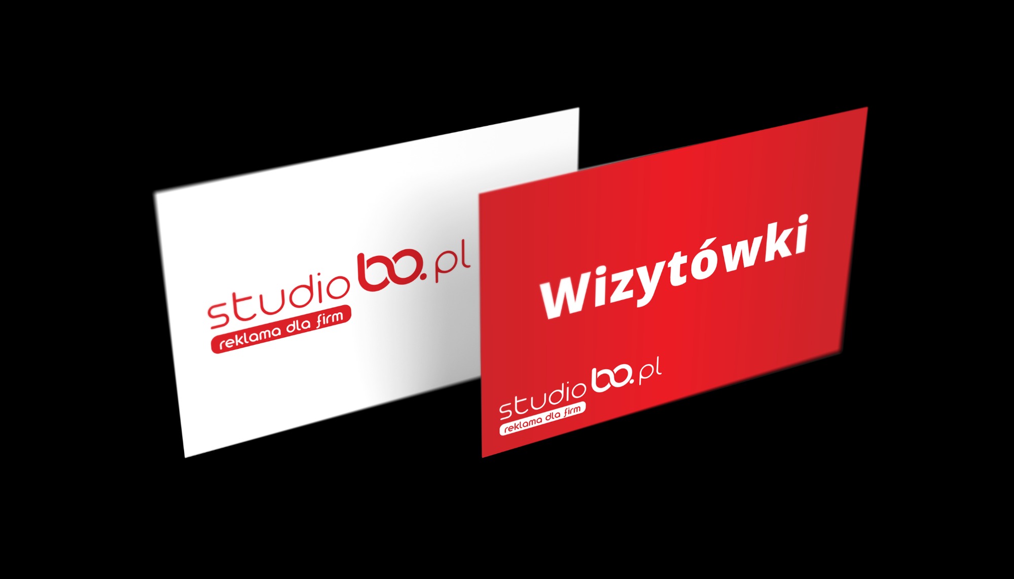Dwie wizytówki na czarnym tle: biała z logo 'studiobo.pl reklama dla firm' i czerwona z napisem 'Wizytówki' oraz logo 'studiobo.pl reklama dla firm'.
