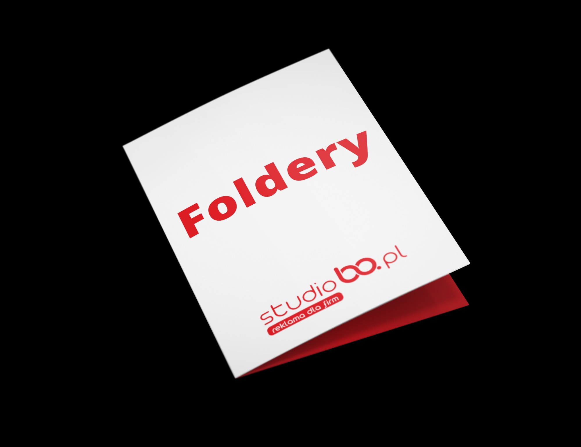 Biały folder reklamowy z czerwonym napisem 'Foldery' i logo 'studiobo.pl reklama dla firm' na czarnym tle.