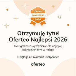 GAL-Bruk - Grafika z logotypem Oferteo Najlepsi 2026, informująca o otrzymaniu tytułu. Jasne tło z pomarańczowymi akcentami i tekstem: 'Dziękuję za zaufanie i wsparcie!'