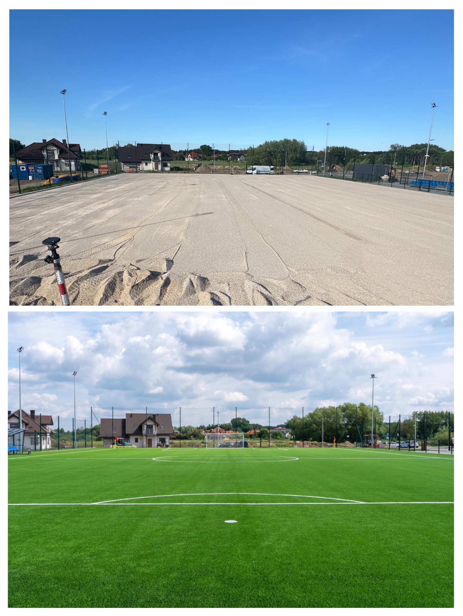 Zdjęcie 'przed i po' przedstawia budowę boiska sportowego: wyrównany teren z piaskiem i gotowe boisko z zieloną murawą, bramkami i oświetleniem.