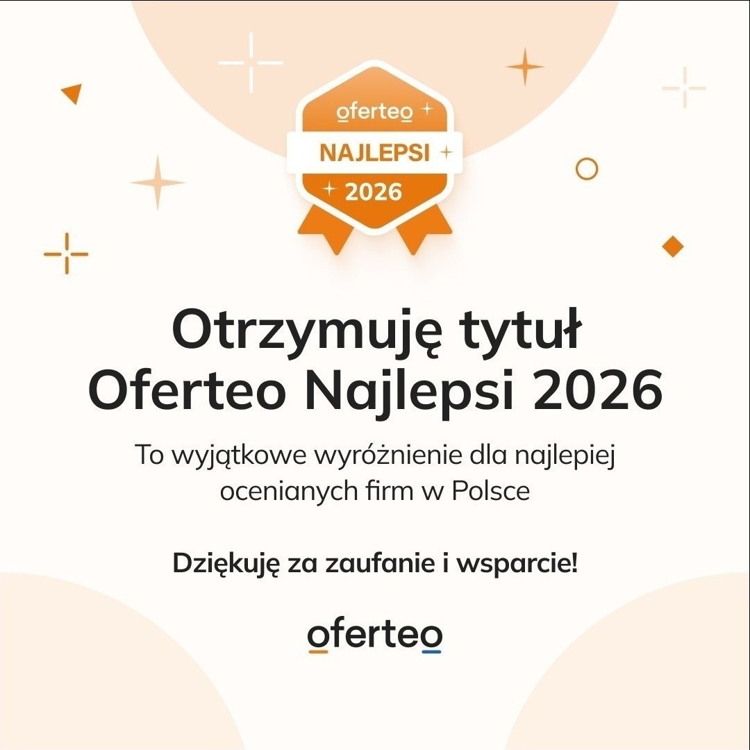 Grafika z logotypem Oferteo Najlepsi 2026, informująca o otrzymaniu tytułu. Jasne tło z pomarańczowymi akcentami i tekstem: 'Dziękuję za zaufanie i wsparcie!'
