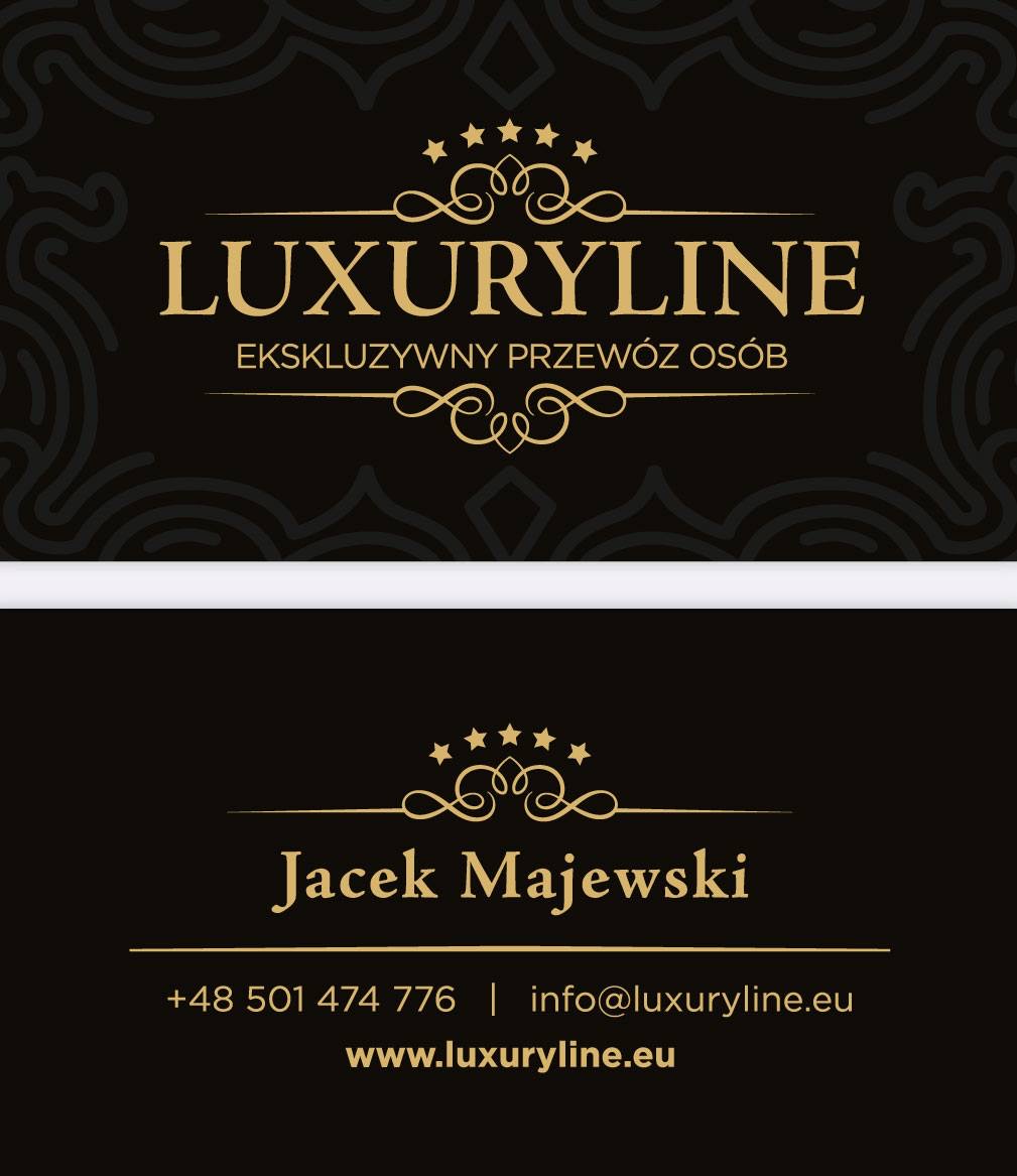 Wizytówka firmy Luxuryline z ekskluzywnym przewozem osób, z numerem telefonu, adresem e-mail i stroną internetową na czarnym tle ze złotymi ornamentami.