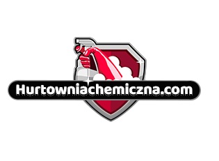 Grafika przedstawia logo hurtowni chemicznej z nazwą domeny „Hurtowniachemiczna.com” na czarnym pasku, umieszczoną na tle tarczy z czerwonym wypełnieniem i stylizowaną grafiką rozpylacza, z którego...