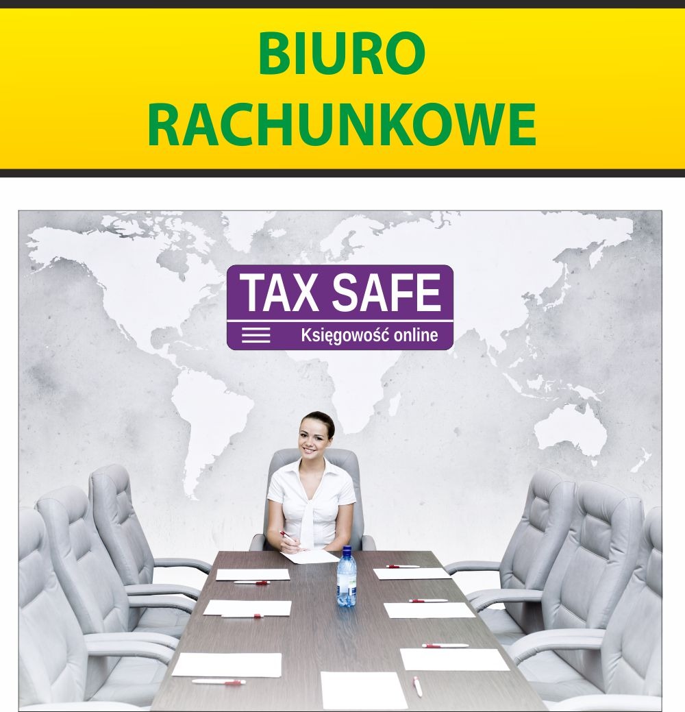 Kobieta siedząca przy stole konferencyjnym z mapą świata w tle, logo firmy 'TAX SAFE' i hasłem 'Księgowość online' widoczne nad nią.