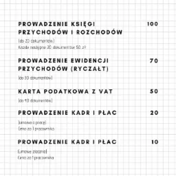 Cennik usług biura rachunkowego JPK Finance z cenami za prowadzenie księgi przychodów i rozchodów, ewidencji przychodów, karty podatkowej VAT oraz obsługę kadr i płac.
