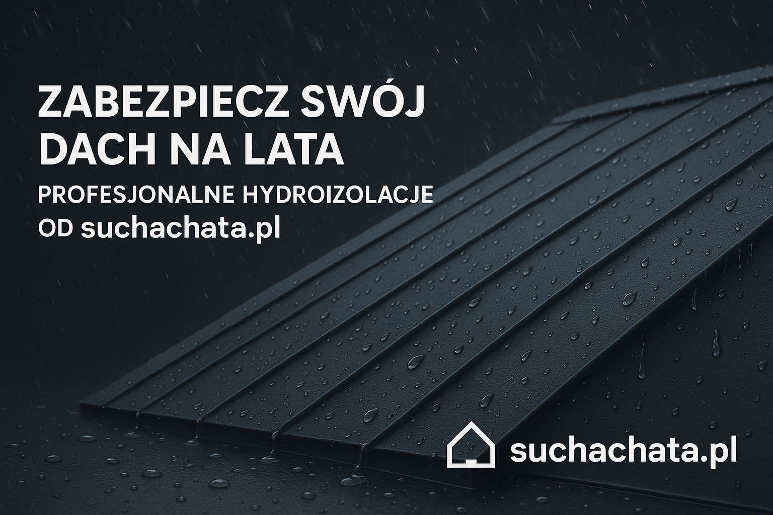 Czarny dach pokryty kroplami deszczu, z tekstem 'Zabezpiecz swój dach na lata' i logo suchachata.pl, reklama profesjonalnej hydroizolacji.