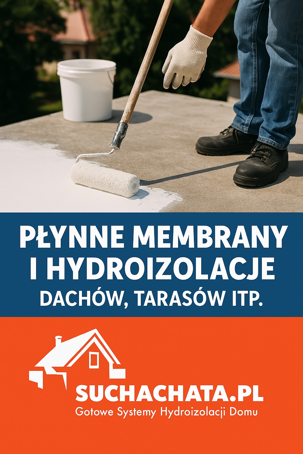 Aplikacja płynnej membrany hydroizolacyjnej na dachu za pomocą wałka. Widoczny biały materiał, wiadro i osoba w jeansach oraz rękawicach ochronnych.