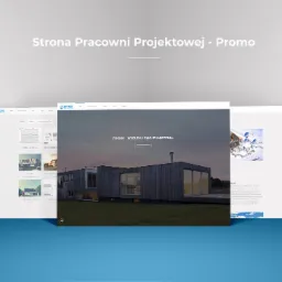 Promocyjna strona internetowa pracowni projektowej prezentująca nowoczesny dom jednorodzinny z dużymi oknami i drewnianą elewacją na tle zielonego trawnika.