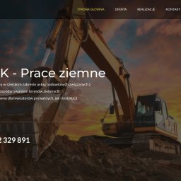 Websowy pl - Strona internetowa firmy KOSTEK z koparką na tle zachodzącego słońca. Prezentacja usług ziemnych i budowlanych. Kontakt telefoniczny widoczny na stronie.