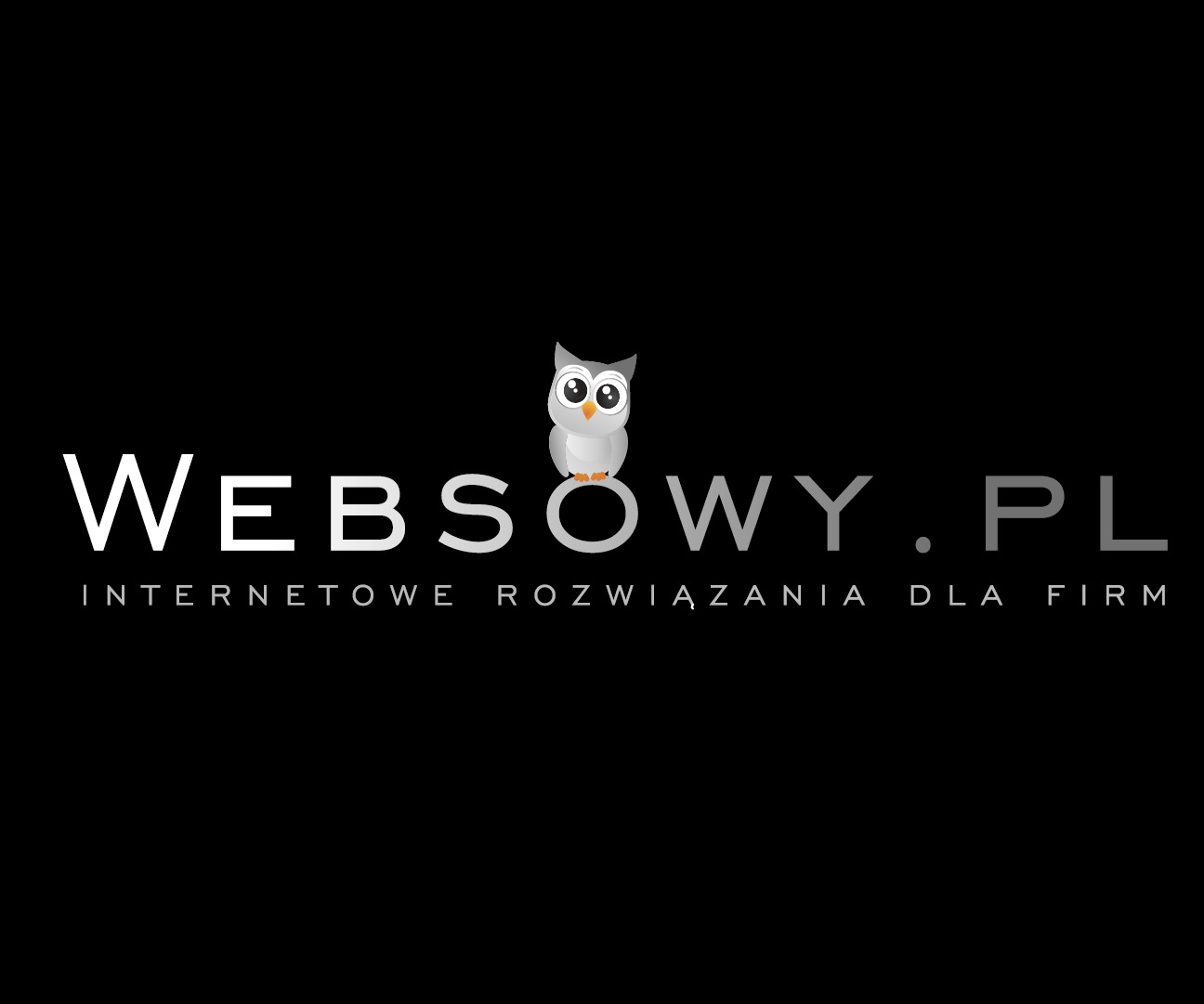 Logo firmy Websowy.pl z motywem sowy, oferującej internetowe rozwiązania dla firm. Biały tekst na czarnym tle, minimalistyczny design.