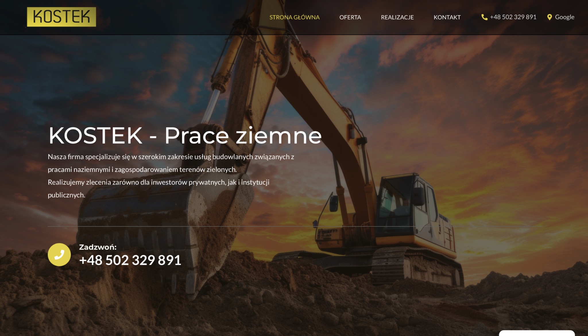 Strona internetowa firmy KOSTEK z koparką na tle zachodzącego słońca. Prezentacja usług ziemnych i budowlanych. Kontakt telefoniczny widoczny na stronie.