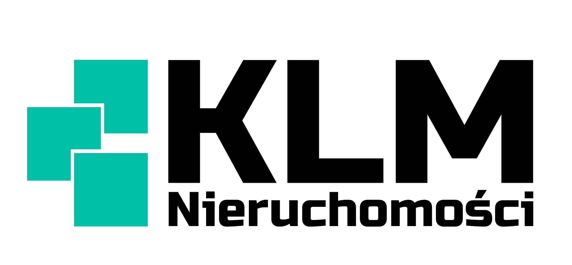 Logo firmy KLM Nieruchomości z trzema zielonymi kwadratami po lewej stronie i czarnym napisem KLM Nieruchomości po prawej stronie na białym tle.