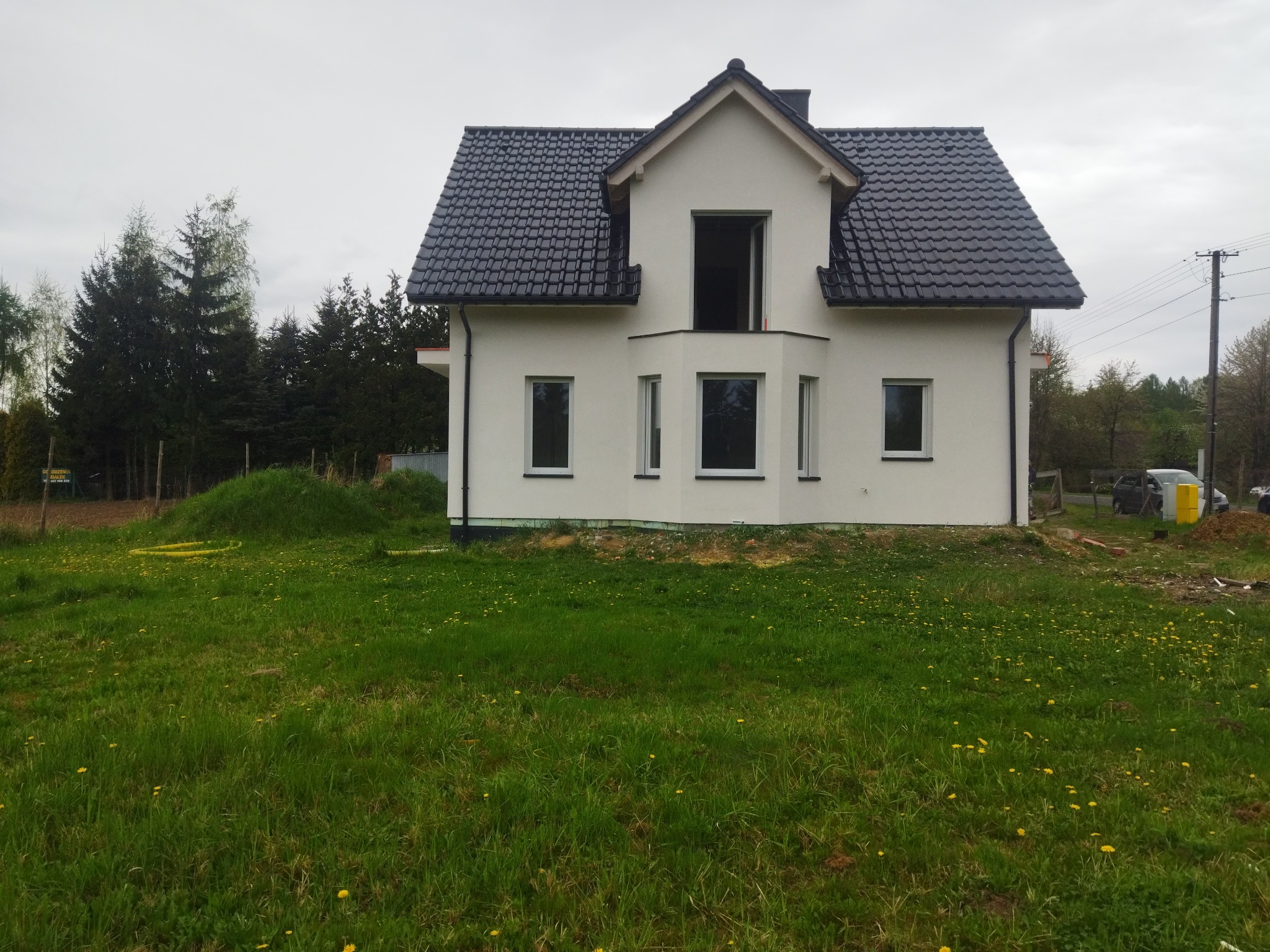 Nowoczesny dom z białymi ścianami i czarnym dachem, otoczony zielonym trawnikiem z żółtymi kwiatami. Widoczne okna i brakujące drzwi balkonowe. Pochmurne niebo.