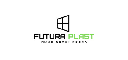Logo firmy Futura Plast, oferującej okna, drzwi i bramy, z graficznym symbolem okna w górnej części.