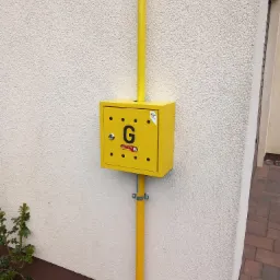 Żółta szafka gazowa z rurą na elewacji budynku, widoczna roślina i fragment chodnika.