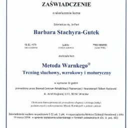Skan zaświadczenia o ukończeniu kursu Metody Warnkego, trening słuchowy, wzrokowy i motoryczny, wydany przez Biomed Centrum Rehabilitacji Poznawczej i Neuroterapii dla Barbary Stachyry-Gutek.