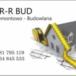Wizytówka firmy R-R BUD: Firma Remontowo-Budowlana, z ilustracją domu mierzonego żółtą taśmą mierniczą na tle planów architektonicznych oraz numerami telefonów.