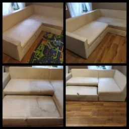 Czterokadrowa kompilacja: narożnik z beżową tapicerką, widoczne różnice w czystości przed i po zabiegu, wysuwana część siedziska, w tle dywan z motywem ulic.