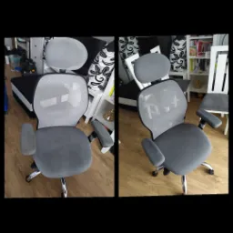 Porównanie wyglądu szarego fotela biurowego z siatkowym oparciem przed i po czyszczeniu tapicerki, widoczne różnice w odcieniu i świeżości.