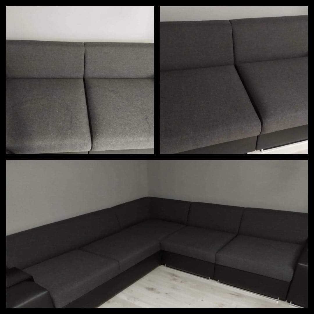 Kolaż przedstawiający narożnik modułowy w odcieniach szarości, z widoczną plamą na jednym z segmentów przed czyszczeniem i czysty segment po czyszczeniu, ukazujący efekt usługi.