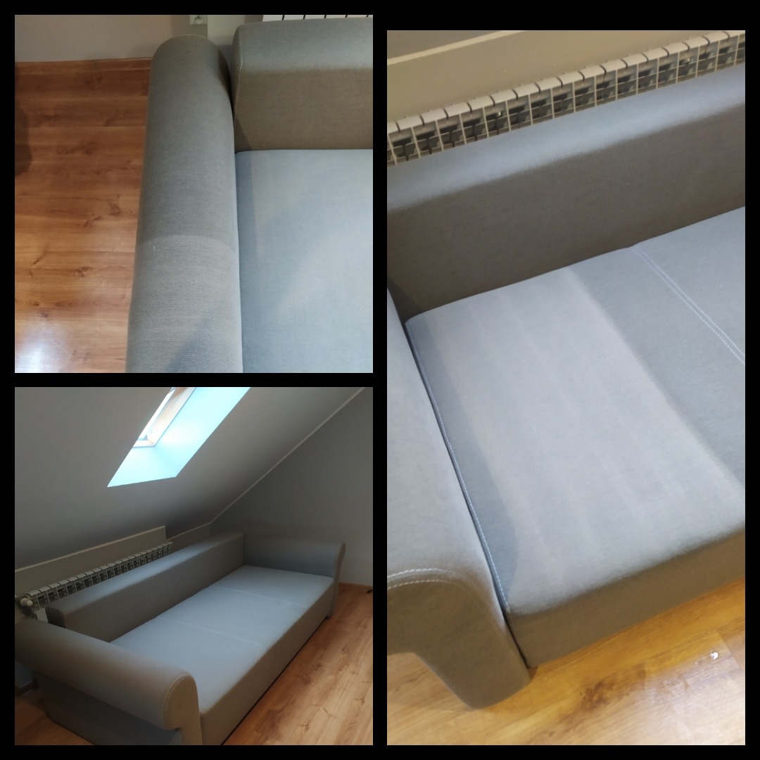 Jasnoszara kanapa narożna w pokoju na poddaszu, widok z różnych perspektyw: zbliżenie na czystą tapicerkę, ogólny widok w pokoju z oknem dachowym.