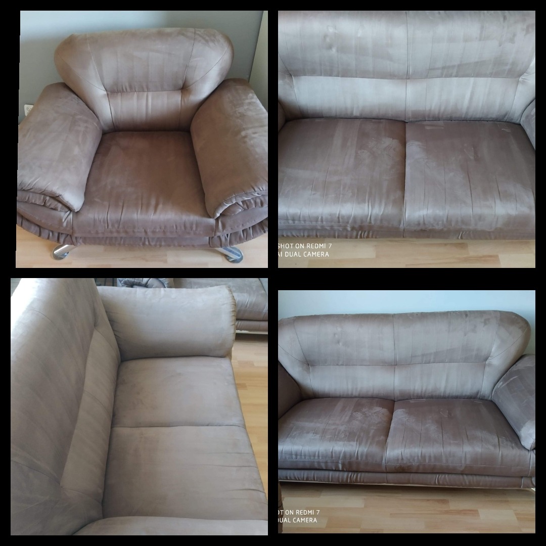 Kolaż czterech ujęć beżowej kanapy i fotela przed i po czyszczeniu, widoczne różnice w odcieniu i plamy na tapicerce, drewniana podłoga w tle.