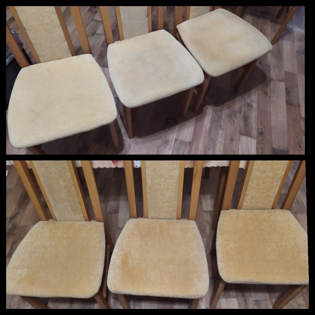 Porównanie wizualne: Krzesła tapicerowane przed i po czyszczeniu. Górna część zdjęcia pokazuje zabrudzone siedziska, dolna część ukazuje te same krzesła po odświeżeniu tapicerki.
