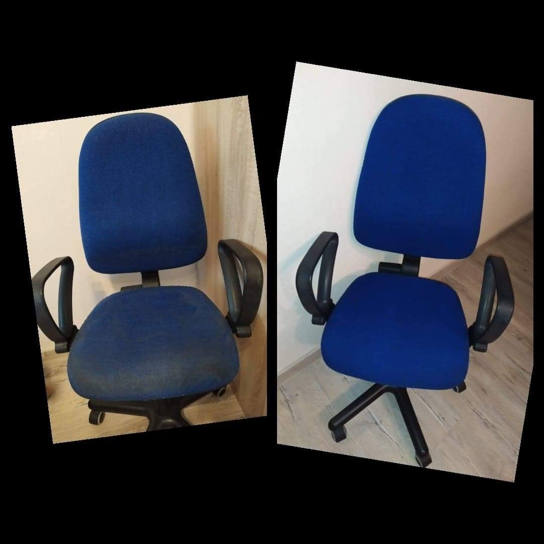 Porównanie fotela biurowego przed i po czyszczeniu ekstrakcyjnym, widoczne różnice w kolorze i czystości tapicerki.