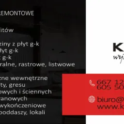 Grafika reklamowa firmy Kamar wykańczającej wnętrza, prezentująca listę usług takich jak malowanie, szpachlowanie, tapetowanie, zabudowy z płyt g-k, sufity podwieszane, montaż sztukaterii...