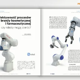 Dwustronicowa publikacja prasowa prezentuje roboty przemysłowe marek Kawasaki, OnRobot i Yaskawa, używane w procesach produkcyjnych w branży kosmetycznej i farmaceutycznej. Tekst opisuje...