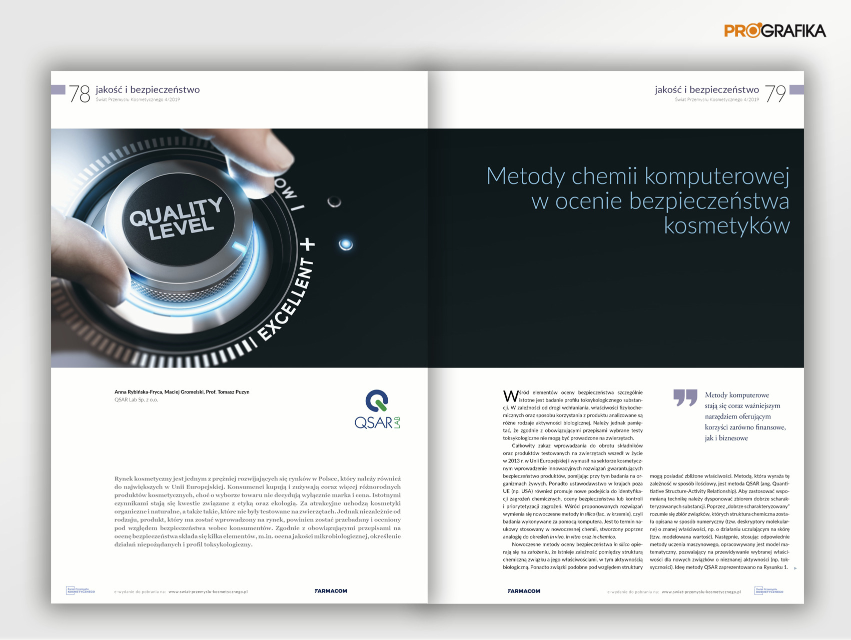 Dwustronicowy artykuł z magazynu branżowego. Na lewej stronie widoczny obrotowy przełącznik z napisem Quality Level, wskazujący na pozycję Excellent. Artykuł dotyczy metod chemii komputerowej...